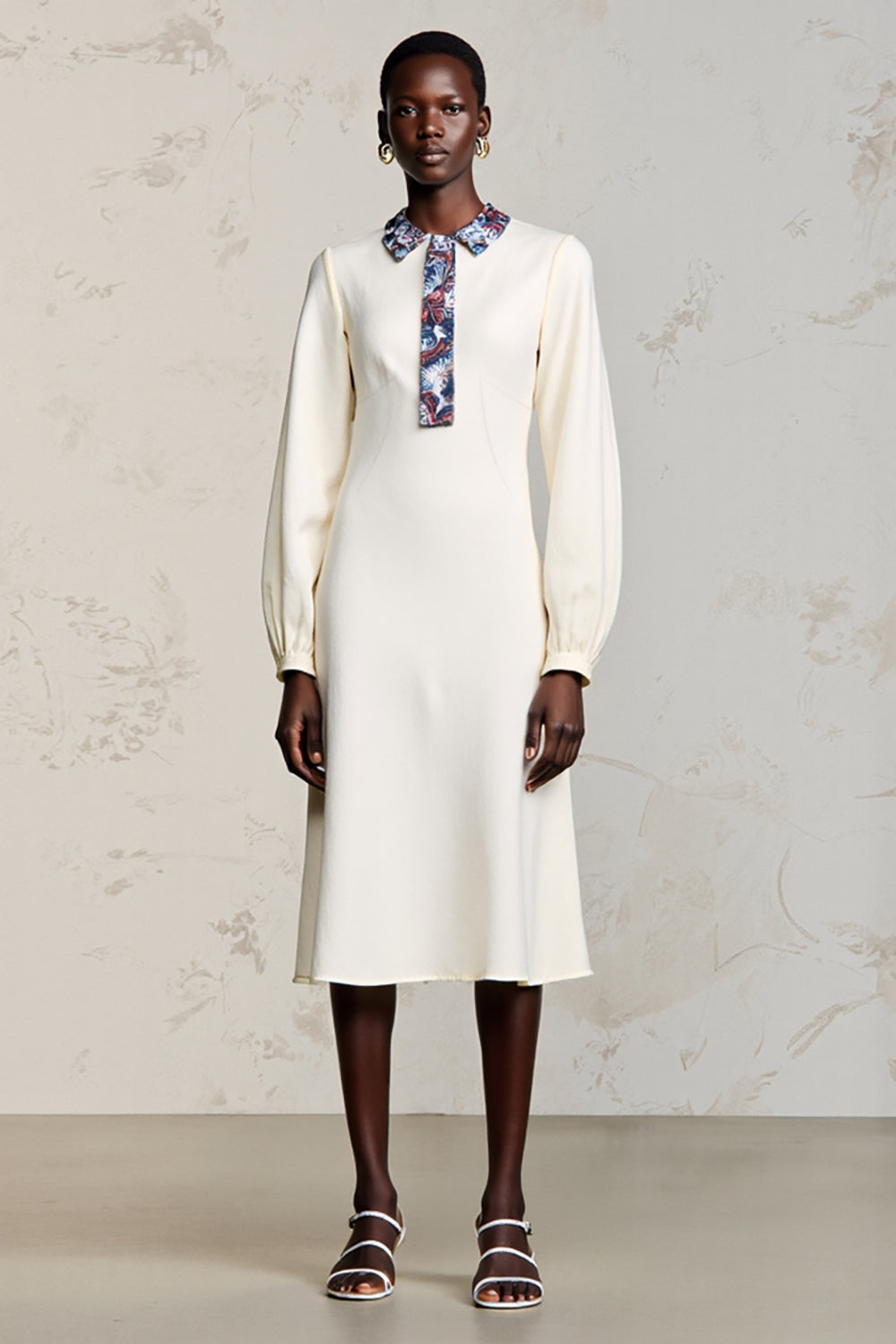 Ivory A Line Long Sleeve Midi Wedding Guest Dress