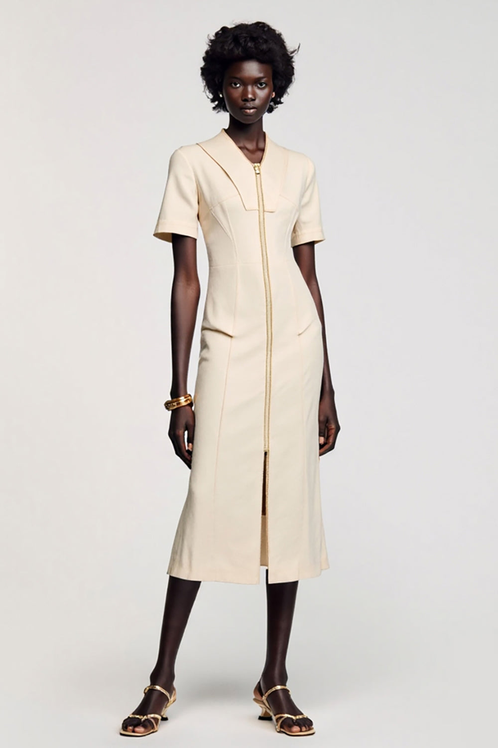 Apricot Sheath Tea Length Wedding Guest Dress