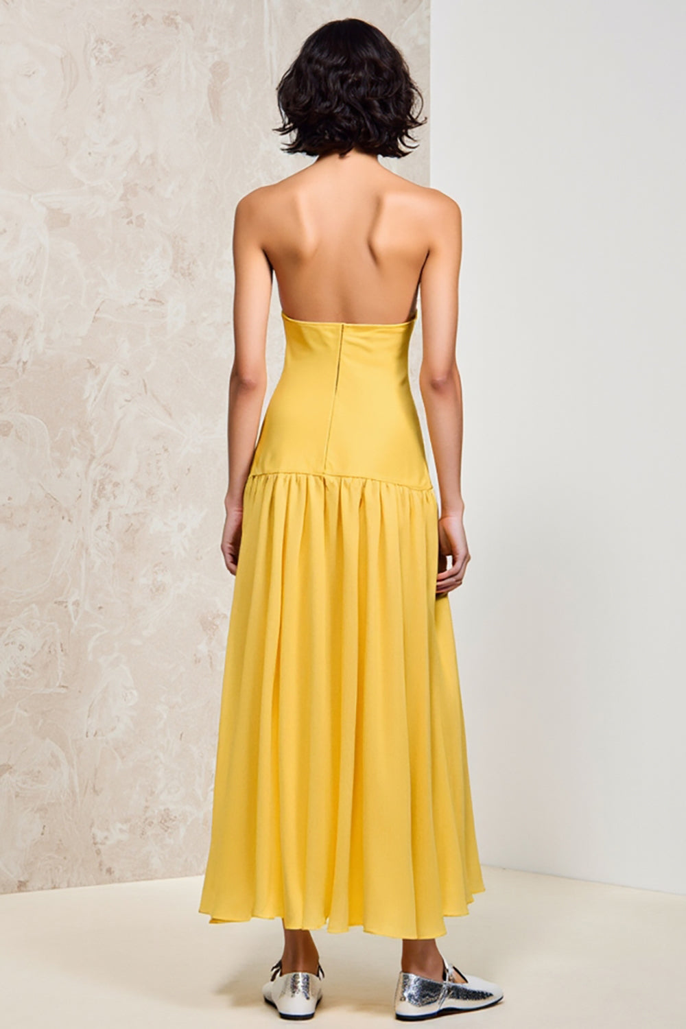 Yellow Strapless Ruched A Line Wedding Guest Dress
