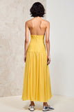Yellow Strapless Ruched A Line Wedding Guest Dress
