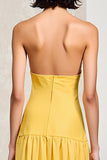 Yellow Strapless Ruched A Line Wedding Guest Dress