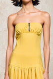 Yellow Strapless Ruched A Line Wedding Guest Dress