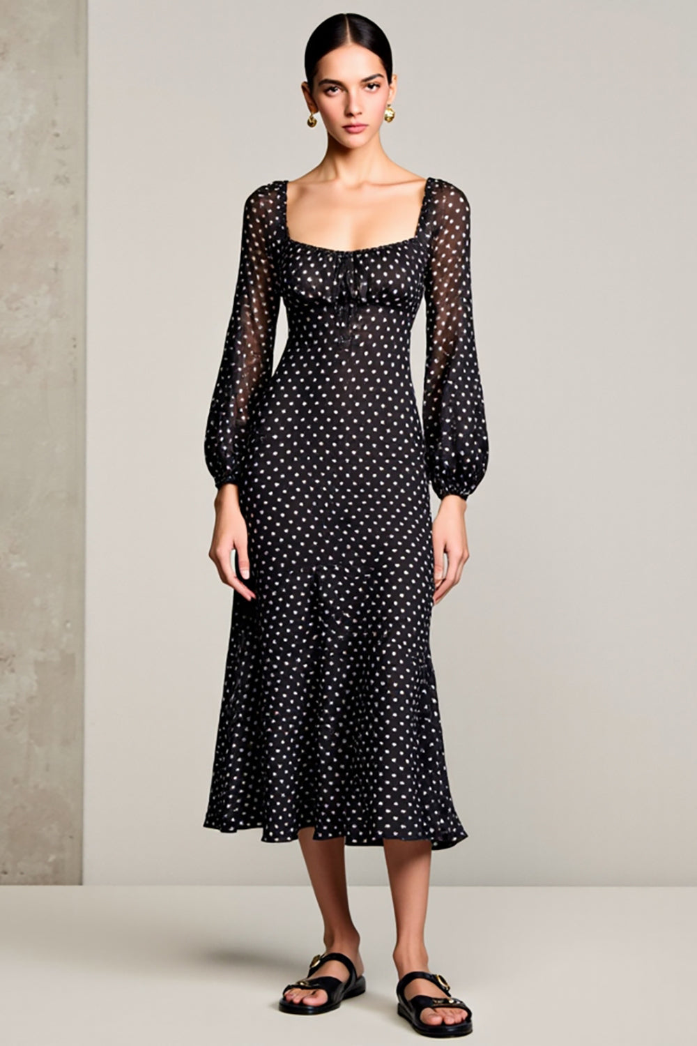 Black A Line Polka Dots Wedding Guest Dress With Long Sleeves