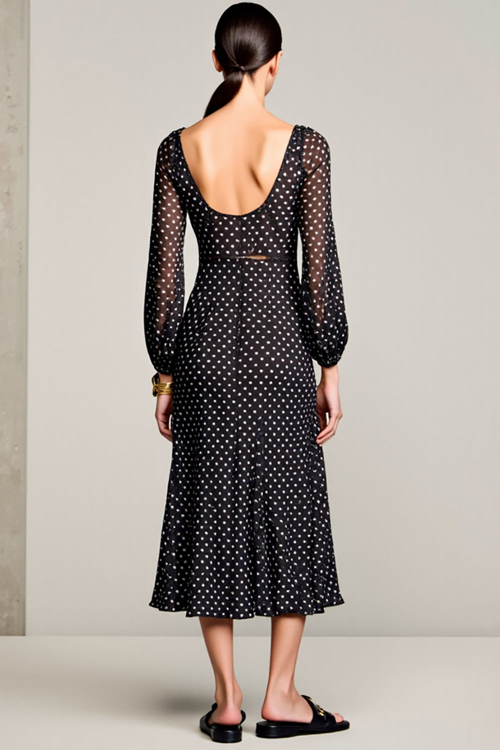 Black A Line Polka Dots Wedding Guest Dress With Long Sleeves