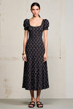 Black Printed A Line Wedding Guest Dress With Puff Sleeves