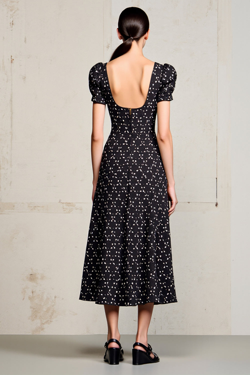 Black Printed A Line Wedding Guest Dress With Puff Sleeves