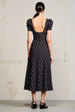 Black Printed A Line Wedding Guest Dress With Puff Sleeves