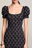 Black Printed A Line Wedding Guest Dress With Puff Sleeves
