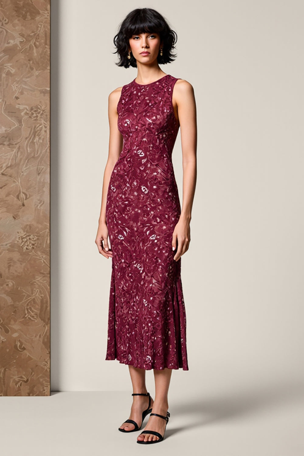 Red Round Neck Sheath Tea Length Wedding Guest Dress