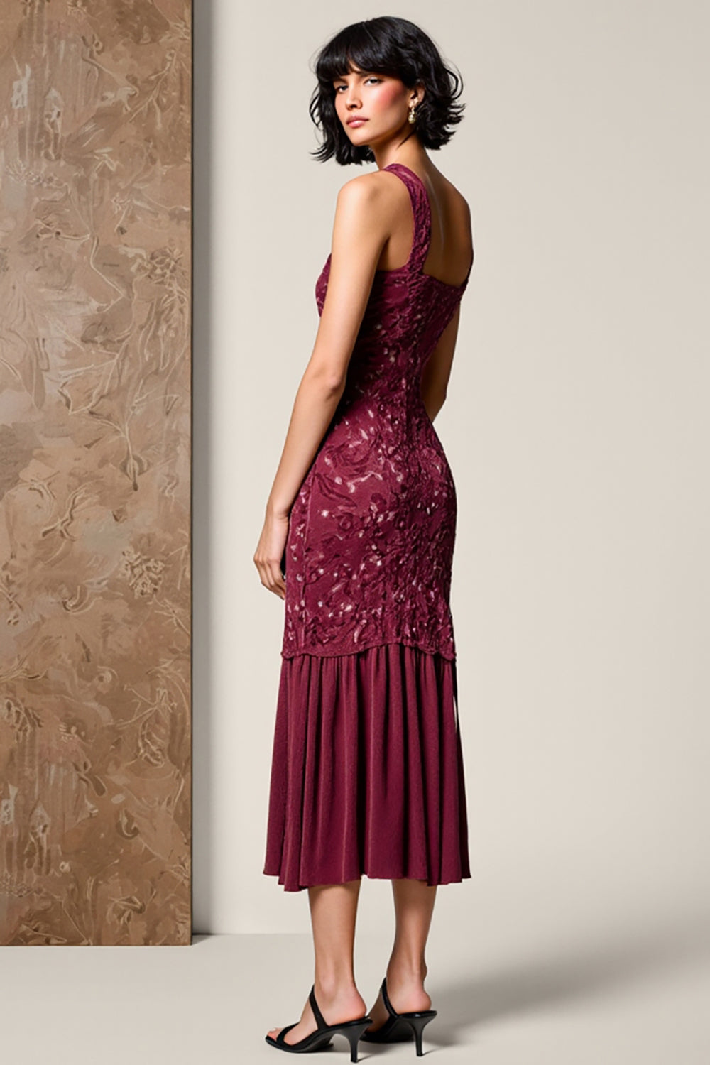 Red Round Neck Sheath Tea Length Wedding Guest Dress