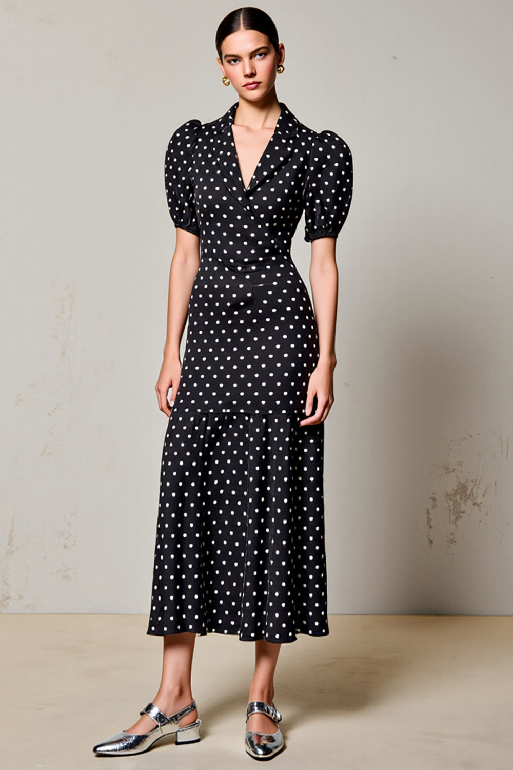 Black Polka Dots V Neck A Line Wedding Guest Dress