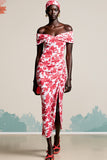 Red Floral Off The Shoulder Bodycon Wedding Guest Dress With Slit