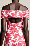 Red Floral Off The Shoulder Bodycon Wedding Guest Dress With Slit
