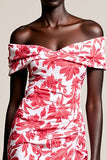 Red Floral Off The Shoulder Bodycon Wedding Guest Dress With Slit