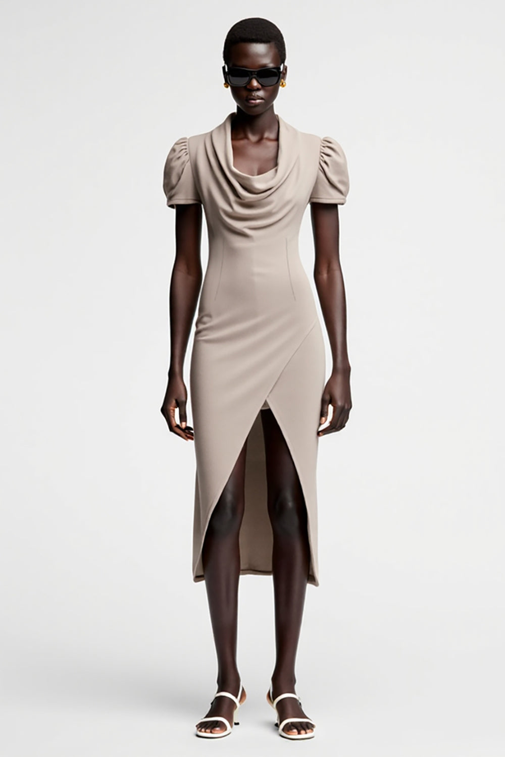 Grey Sheath Cowl Neck Wedding Guest Dress With Slit