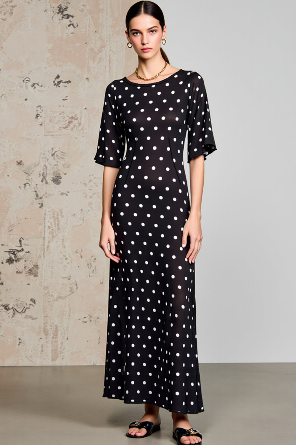 Black Polka Dots A Line Long Wedding Guest Dress