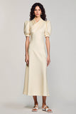 Ivory A Line Tea Length Wedding Guest Dress With Puff Sleeves