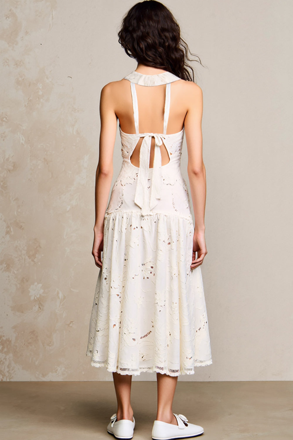 White Halter Keyhole Lace A Line Wedding Guest Dress