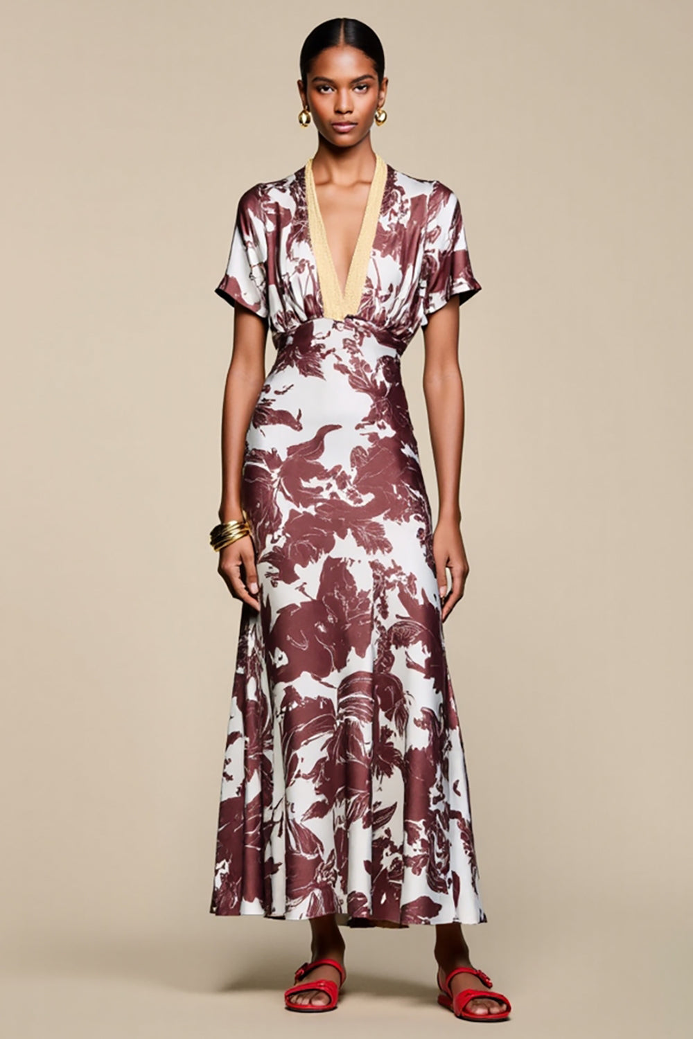 Coffee V Neck Printed A Line Wedding Guest Dress