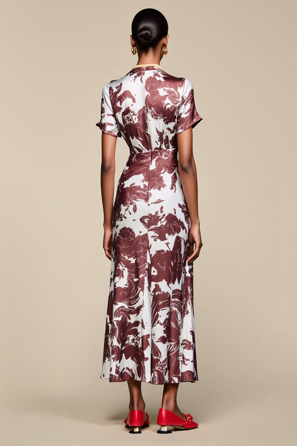 Coffee V Neck Printed A Line Wedding Guest Dress