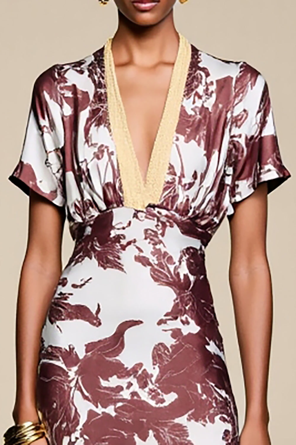 Coffee V Neck Printed A Line Wedding Guest Dress