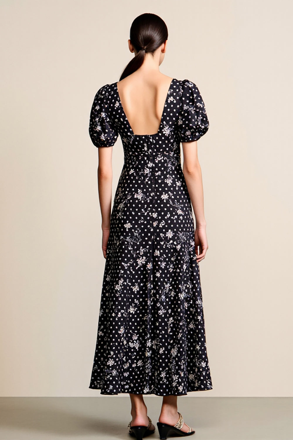 Black Polka Dots Floral Square Neck A Line Wedding Guest Dress