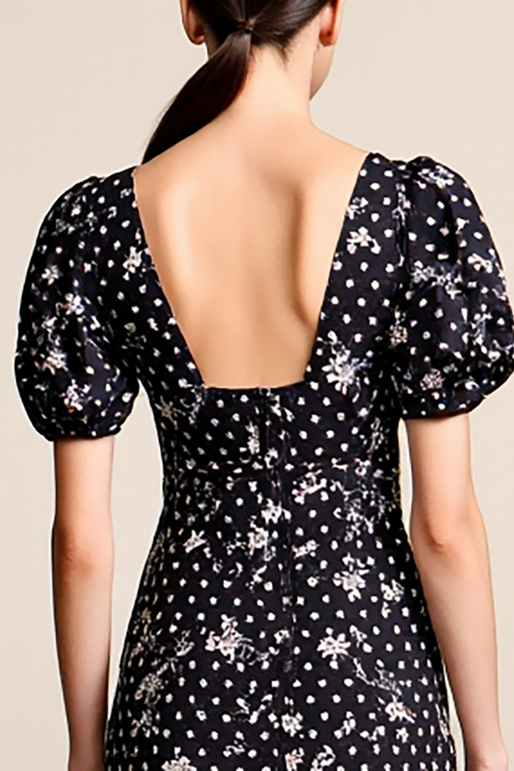 Black Polka Dots Floral Square Neck A Line Wedding Guest Dress