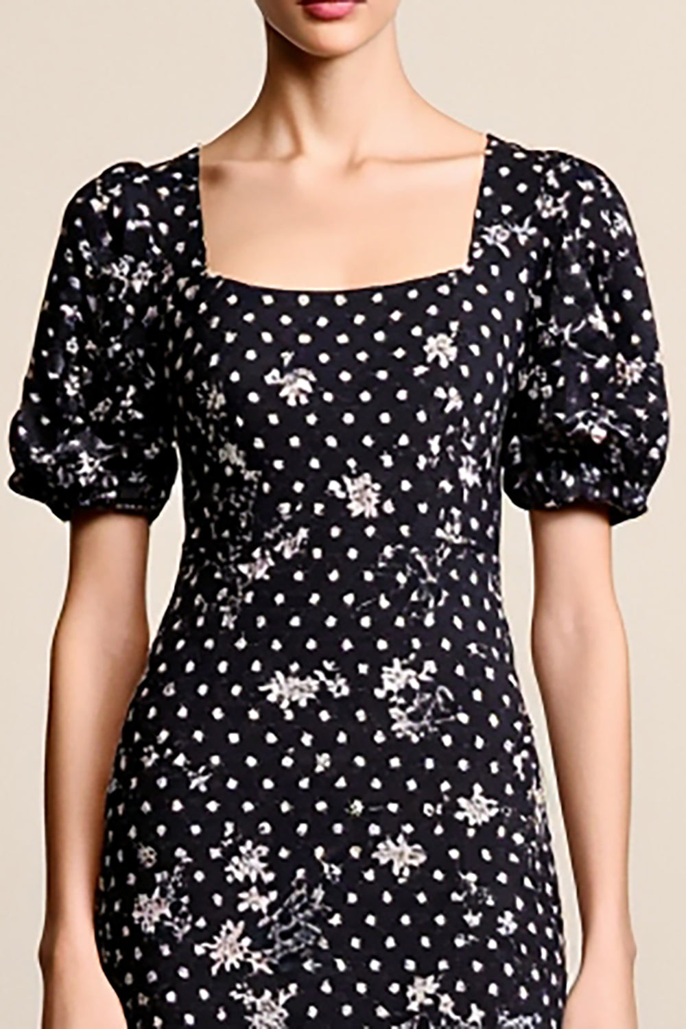 Black Polka Dots Floral Square Neck A Line Wedding Guest Dress