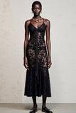 Black Spaghetti Straps Floral A Line Wedding Guest Dress