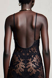 Black Spaghetti Straps Floral A Line Wedding Guest Dress