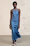Blue Halter Sheath Ruched Wedding Guest Dress
