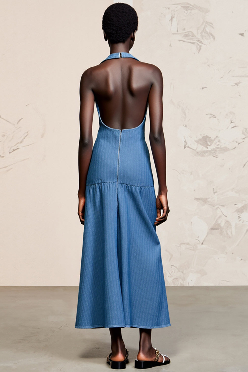 Blue Halter Sheath Ruched Wedding Guest Dress