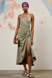 Green Ruched V Neck A Line Wedding Guest Dress With Slit