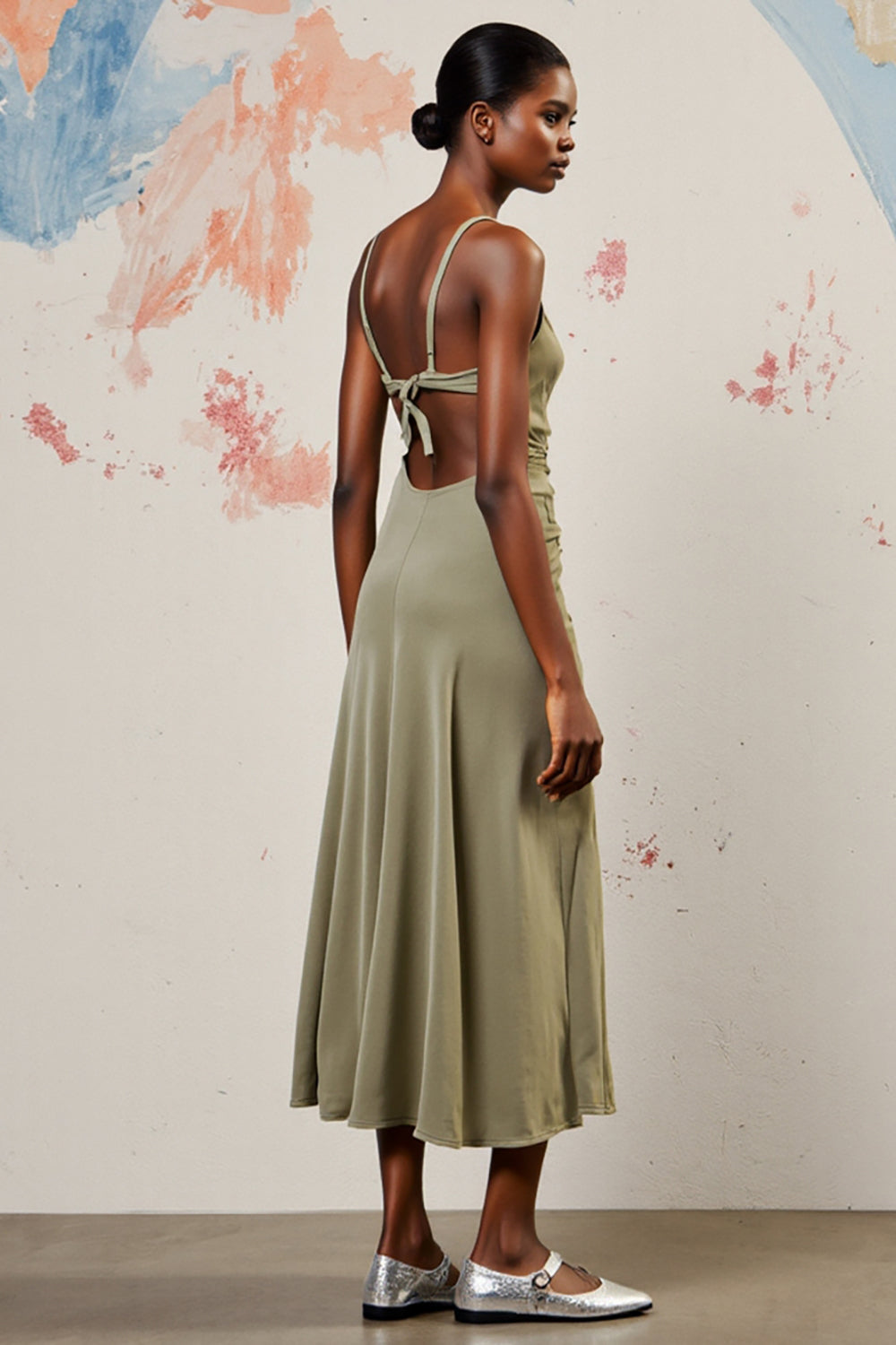 Green Ruched V Neck A Line Wedding Guest Dress With Slit