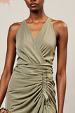Green Ruched V Neck A Line Wedding Guest Dress With Slit