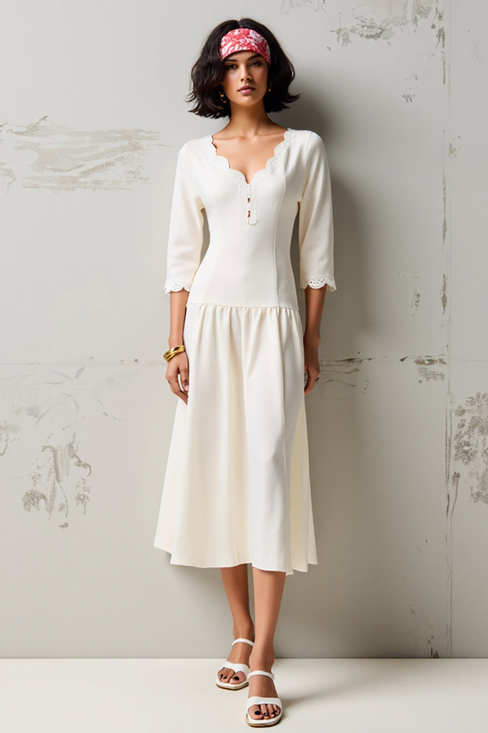 White V Neck A Line Wedding Guest Dress with 3/4 Sleeves