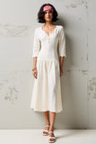 White V Neck A Line Wedding Guest Dress with 3/4 Sleeves