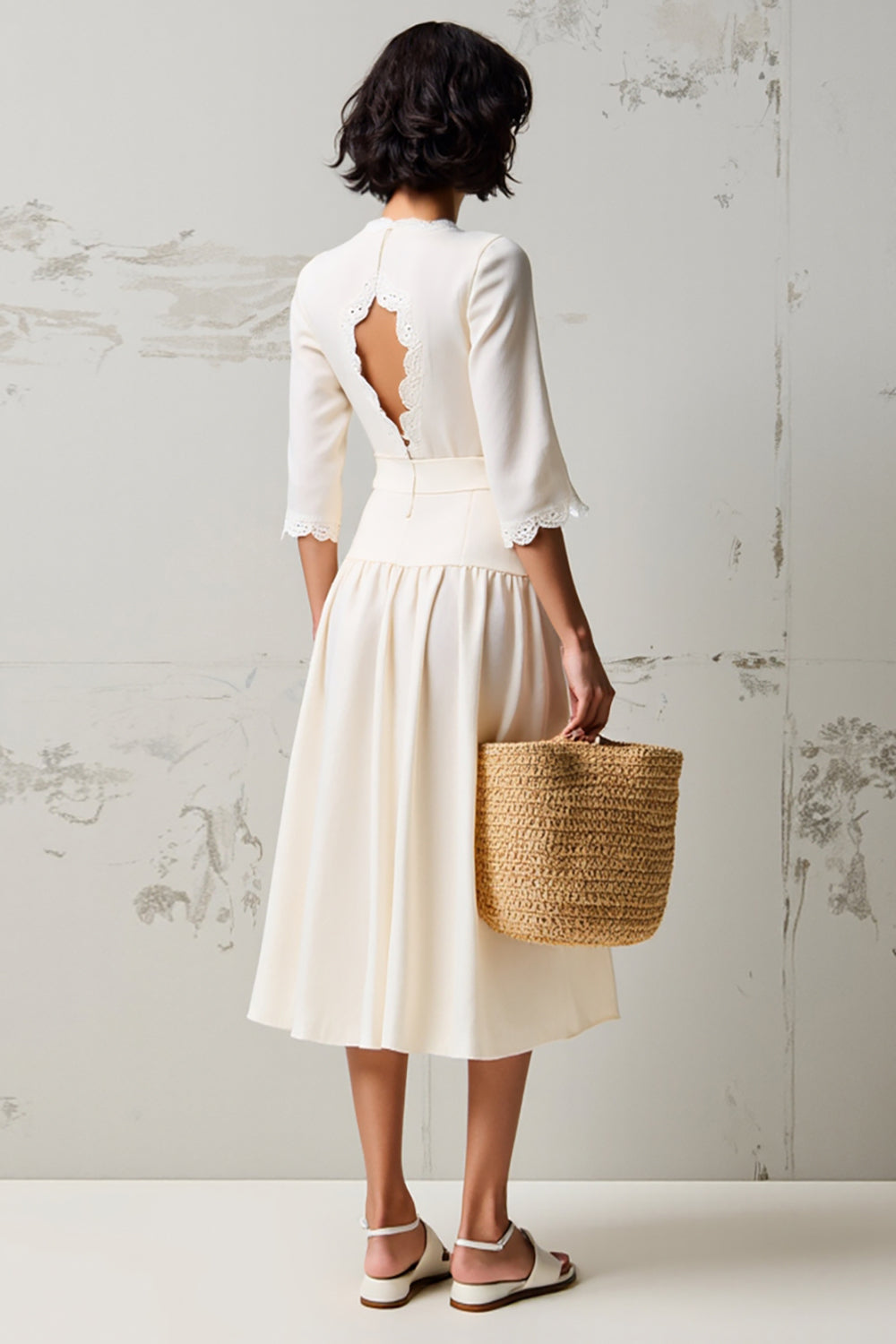 White V Neck A Line Wedding Guest Dress with 3/4 Sleeves