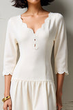 White V Neck A Line Wedding Guest Dress with 3/4 Sleeves