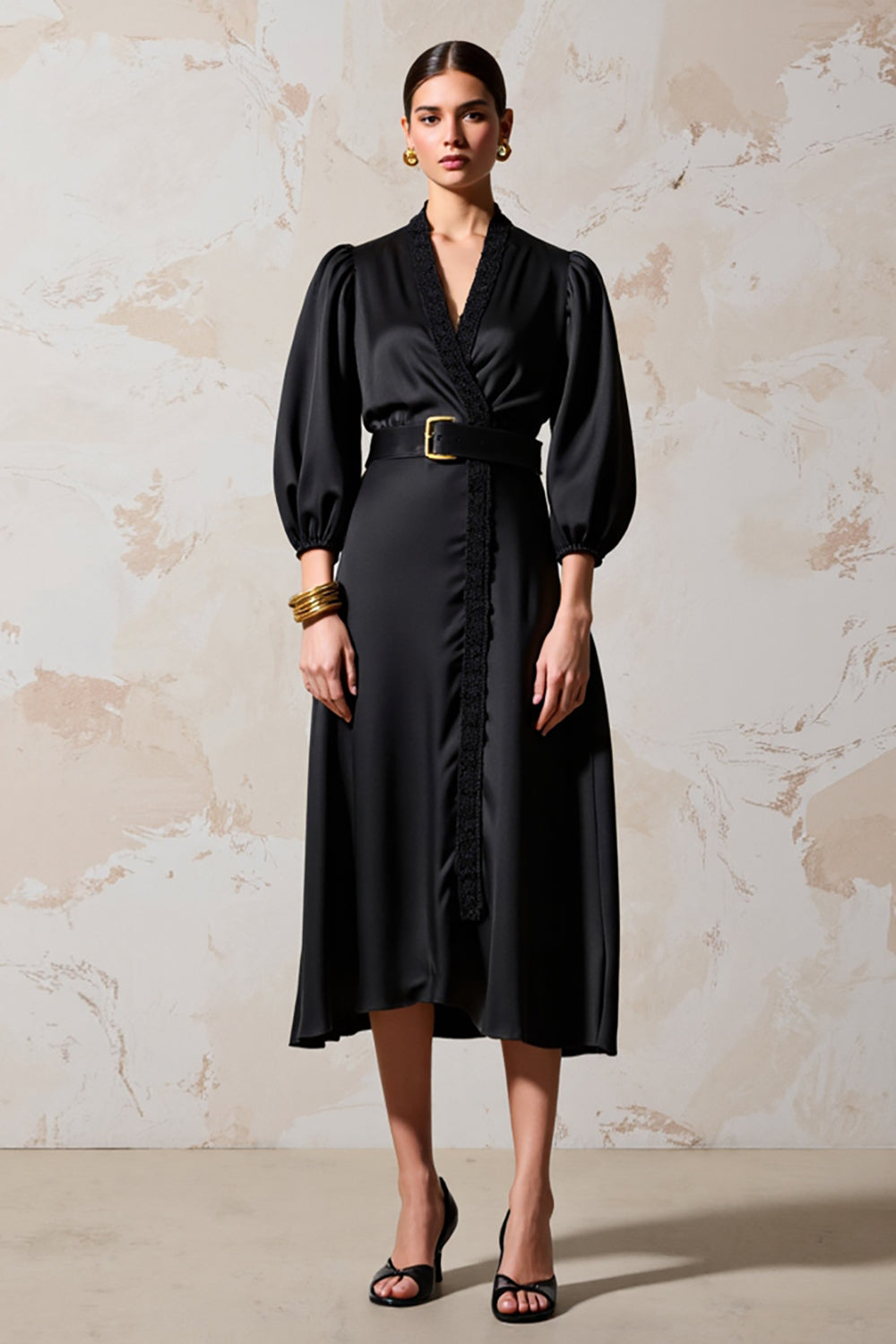 Black V Neck A Line Wedding Guest Dress With Belt