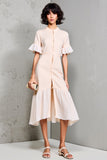 Ivory Ruffled Sleeve A Line Midi Wedding Guest Dress