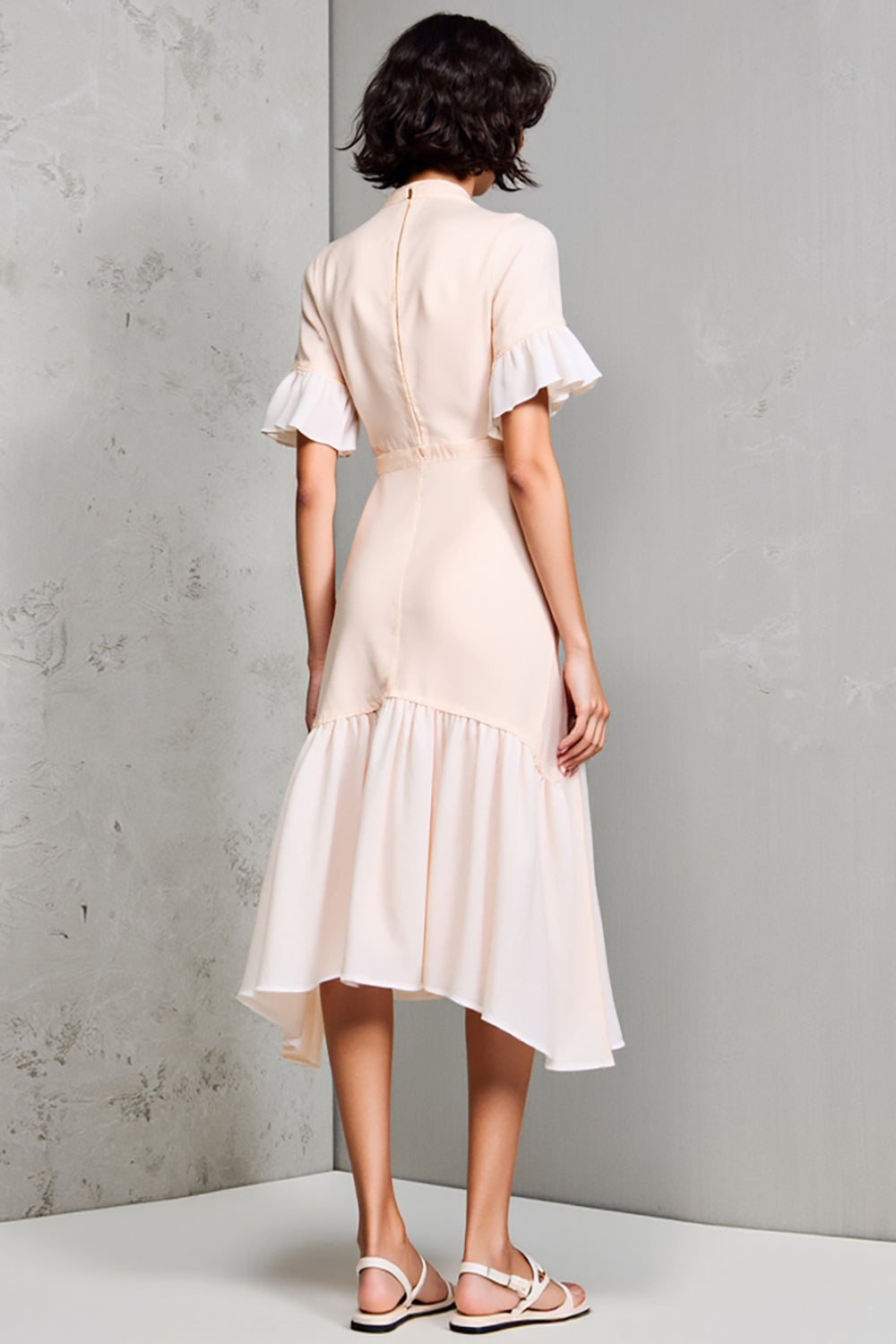 Ivory Ruffled Sleeve A Line Midi Wedding Guest Dress