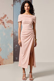 Pink Sheath Off The Shoulder Ruched Wedding Guest Dress With Slit