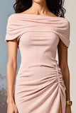 Pink Sheath Off The Shoulder Ruched Wedding Guest Dress With Slit