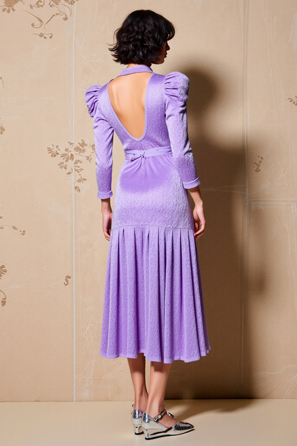 Purple Ruffled Keyhole Long Sleeve A Line Wedding Guest Dress