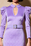 Purple Ruffled Keyhole Long Sleeve A Line Wedding Guest Dress
