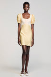 Yellow Square Neck Bodycon Puff Sleeve Wedding Guest Dress