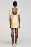 Yellow Square Neck Bodycon Puff Sleeve Wedding Guest Dress