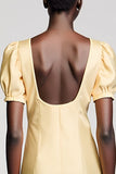 Yellow Square Neck Bodycon Puff Sleeve Wedding Guest Dress