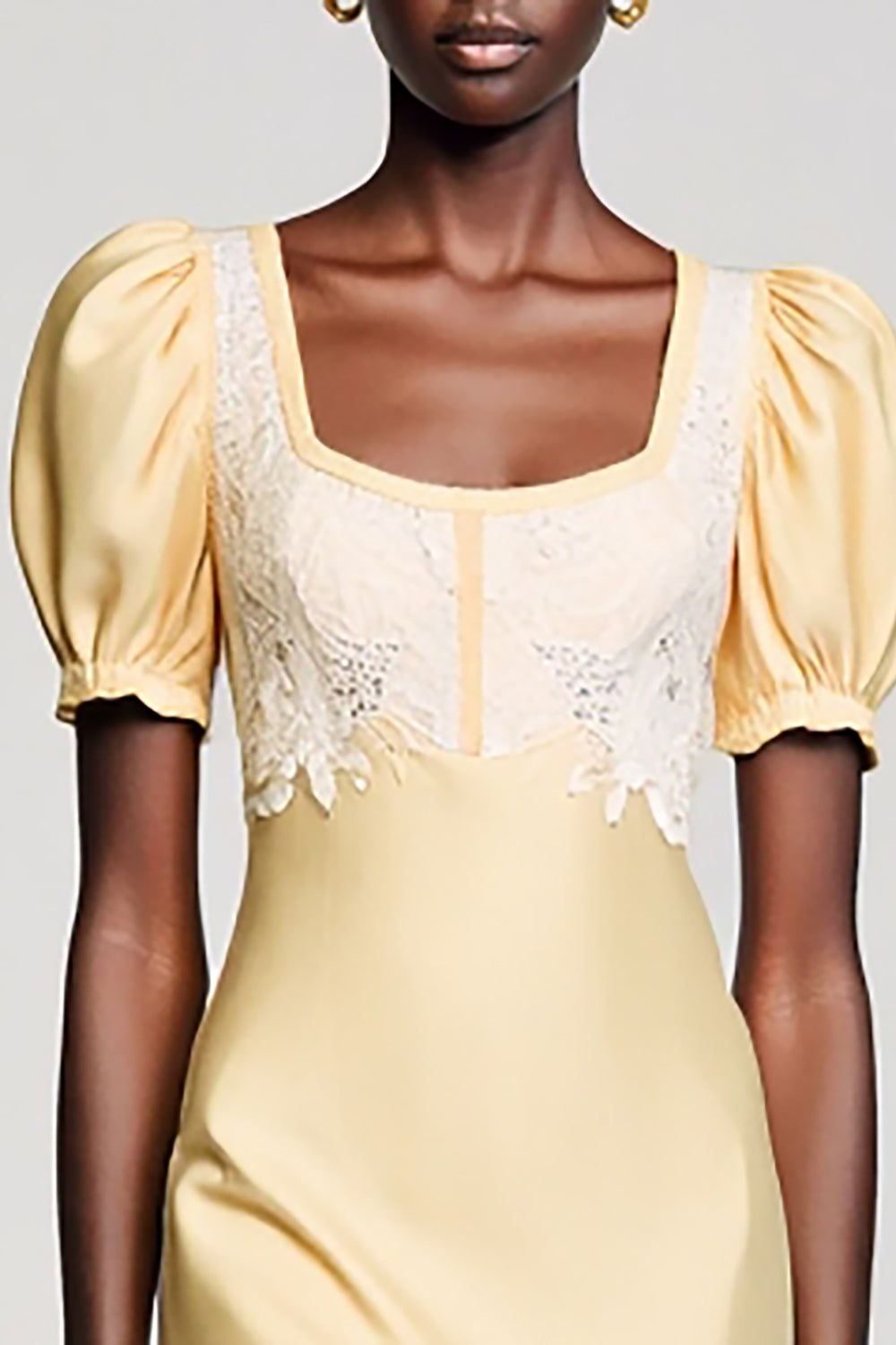 Yellow Square Neck Bodycon Puff Sleeve Wedding Guest Dress